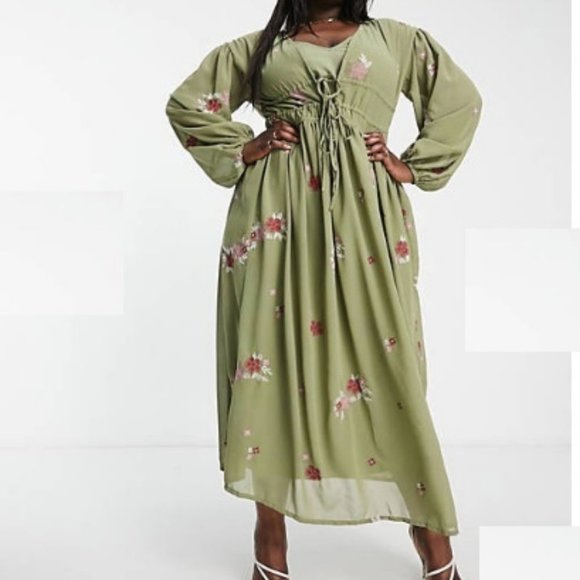 ASOS Dresses & Skirts - ASOS DESIGN Khaki Curve Soft All Over Embroidered Maxi Dress Size 22
